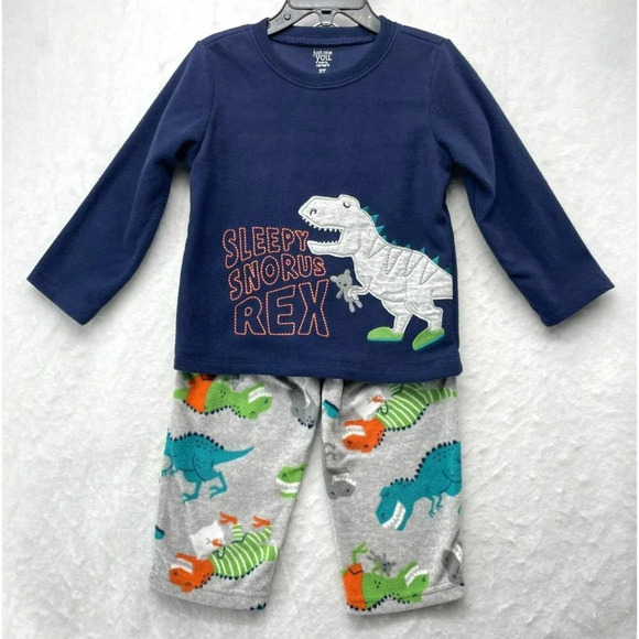 Carter's Pajama Set Toddler 2T Blue Gray  Dinosaur Long Sleeves Fleece Pullover - Picture 1 of 7
